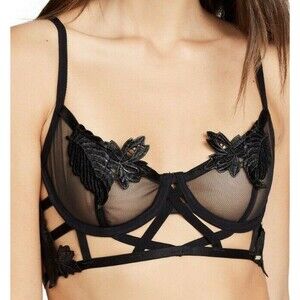 Bluebella Black Sheer Leaf Nikita Appliqué Strappy Bra – Size 34B